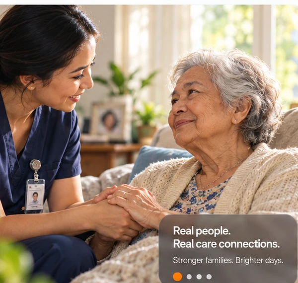 A dedicated young caregiver gently holding hands with an older woman, expressing compassion and trust