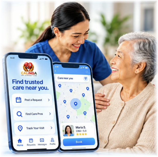 Approved CALiNGA homepage scene: smiling caregiver with an elderly woman and two CALiNGA smartphone app mockups